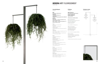 HEDERA MÂT FLEURISSEMENT
     Floral mast



     Caractéristiques                              Finitions                                Cotations (mm)
     Features                                      Finishes                                 Dimensions (mm)

     Mât :                                         Mât & Potences :
     Profilé acier 100x100 mm                      Acier galvanisé et thermolaqué
     Potences :                                    Nuancier page 62-63
     Profilé acier 100x40 mm                       Finition Jardinières :
     Jardinières :                                 Nous consulter
     Vasques en polypropylène avec traitement
     anti-UV                                       Existe aussi en potence seule.
     Volumes :
     SIFU 580/2 : 41 litres de subtrat et 10,5     Mast and Brackets :
     litres de réserve d’eau                       Galvanized and hot lacquered steel
     SIFU 710/2B : 73,5 litres de subtrat et 15    Color chart page 62-63
     litres de réserve d’eau                       Flower box finishes :




                                                                                                                     4250
                                                   Please contact us
     Mast :
     100x100 mm steel section                      Also available as bracket only.
     Brackets :
     100x40 mm steel section                       Mast und Ausleger :
     Flower boxes:                                 Zinkstahl einbrennlackiert
     Polypropylene Flower boxes with anti-UV       Farbpalette Seite 62-63
     finish                                        Finish Blumenkästen :
     Capacity :                                    Bei uns nachfragen
     SIFU 580/2: 41 litres of substrate and 10.5
     litres of water reseve                        Auch mit einem Ausleger erhältlich.
     SIFU 710/2B: 73.5 litres of substrate and
     15 litres of water reseve                     Poste y Brazos :
                                                   Acero galvanizado y termolacado
     Mast :                                        Colores y acabados página 62-63                            1700
     Stahlprofil 100x100 mm                        Acabado Jardineras :
     Ausleger :                                    Consúltenos
     Stahlprofil 100x40 mm
     Blumenkästen :                                También existe únicamente en pescante.
     Schalen aus Polypropylen mit UV-
     Schutzbehandlung
     Volumen :
     SIFU 580/2: 41 Liter Substrat und 10,5
     Liter Wasserreservoir
     SIFU 710/2B: 73,5 Liter Substrat und 15
     Liter Wasserreservoir

     Poste :
     Perfil de acero 100x100 mm
     Escuadras :
     Perfil de acero 100x 40 mm
     Jardineras :
     Cubetas en polipropileno con tratamiento
     anti UV
     Volúmenes :
     SIFU 580/2: 41 litros de sustrato y 10,5
     litros de reserva de agua
     SIFU 710/2B: 73,5 litros de sustrato y 15
     litros de reserva de agua




32                                                                                                                   33
 