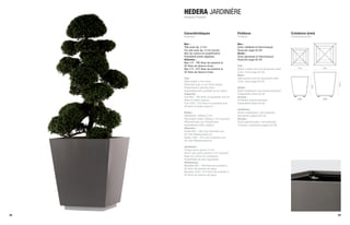 HEDERA JARDINIÈRE
     Hedera Planter



     Caractéristiques                           Finitions                                 Cotations (mm)
     Features                                   Finishes                                  Dimensions (mm)

     Bac :                                      Bac :
     Tôle acier ép. 2 mm                        Acier métallisé et thermolaqué
     Fer plat acier ép. 5 mm (socle)            Nuancier page 62-63
     Bac de culture en polyéthylène             Socle :
     Possibilité pieds réglables                Acier galvanisé et thermolaqué
     Volumes :                                  Nuancier page 62-63
     Bac n°2 : 160 litres de substrat et
     20 litres de réserve d’eau                 Tub :
     Bac n°3 : 375 litres de substrat et        Metal coated and hot lacquered steel           750            855
     35 litres de réserve d’eau                 Color chart page 62-63
                                                Base :
     Tub :                                      Galvanized and hot lacquered steel
     Steel sheet 2 mm thick                     Color chart page 62-63




                                                                                                                    1055
     Steel flat bulb, 5 mm thick (base)




                                                                                                        855
     Polyethylene planting liner                Kübel :
     Adjustable feet available as an option     Stahl metallisiert und einbrennlackiert
     Capacity :                                 Farbpalette Seite 62-63
     Tub 855 : 160 litres of substrate and 20   Sockel :
     litres of water reserve                    Zinkstahl einbrennlackiert                     n°2            n°3
     Tub 1055 : 375 litres of substrate and     Farbpalette Seite 62-63
     35 litres of water reserve
                                                Jardinera :
     Kübel :                                    Acero metalizado y termolacado
     Stahlblech, Stärke 2 mm                    Muestrario página 62-63
     Flacheisen Stahl, Stärke 5 mm (Sockel)     Zócalo :
     Pflanzeinsatz aus Polyethylen              Acero galvanizado y termolacado
     Verstellbare Füße möglich                  Colores y acabados página 62-63
     Volumen :
     Kübel 855 : 160 Liter Substrat und
     20 Liter Wasserreservoir
     Kübel 1055 : 375 Liter Substrat und
     35 Liter Wasserreservoir

     Jardinera :
     Chapa acero grosor 2 mm
     Hierro liso acero grosor 5 mm (zócalo)
     Base de cultivo en polietileno
     Posibilidad de pies regulables
     Volúmenes :
     Bandeja 855 : 160 litros de sustrato y
     20 litros de reserva de agua
     Bandeja 1055 : 375 litros de sustrato y
     35 litros de reserva de agua




38                                                                                                                  39
 