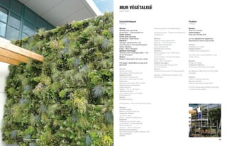 MUR VÉGÉTALISÉ
                                              Plant Wall



                                              Caractéristiques                                                                           Fixation
                                              Features                                                                                   Finishes

                                              Module :                                       Revisionsschacht für Wasserablauf           Module :
                                              Maillage acier galvanisé                                                                   Pose sur crochets
                                              Dimensions : 470x470x200 mm                    Voraussetzungen : Wasser-und Elektrizität   Cadre porteur :
                                              Cadre porteur :                                Einspeisung                                 Pose par chevilles M10
                                              Profilé acier galvanisé
                                              Dimensions : selon étude                       Módulo :                                    Le mur végétalisé est également
                                              Substrat :                                     Malla en acero galvanizado                  disponible en version auto-portée.
                                              Sphaigne labellisée Éco Cert                   Medidas : 470x470x200 mm
                                              Imputrescible et anti-bactériologique          Estructura de soporte :                     Module :
                                              Hydro-rétenteur                                Acero galvanizado                           Installation on hooks
                                              Poids : 100 à 120 kg/m²                        Medida según estudio                        Support frame :
                                              Système d’arrosage :                           Sustrato :                                  Installation by rawplug M10
                                              Goutteurs anti-colmatage (débit 1 l./h)        Mugo sphagnum con certificación
                                              Kit de fertilisation                           ECOCERT                                     The plant wall is also available in auto-
                                              Option :                                       Imputrescible y anti-bacteriológico         stable version.
                                              Regard d’évacuation vers eaux usées            Hidroretención
                                                                                             Peso : 100 a 120 kg/m²                      Module :
                                              Pré-requis : alimentation en eau et en         Sistema de riego :                          Einbau mit Haken
                                              électricité                                    Goteros anti sifón (Caudal 1l/h)            Tragender Rahmen :
                                                                                             Kit de fertilisatión                        Fixierung mit Dübelverankerungen
                                              Module :                                       Opción :
                                              Galvanized steel                               Arqueta de evacuación de aguas grises       Die Begrünte Wand ist auch Auto stabil
                                              Dimension : 470x470x200 mm                                                                 verfügbar.
                                              Support frame :                                Requiere : alimentación de agua y de
                                              Steel section galvanized                       electricidad                                Módulo :
                                              Dimension : according to study                                                             Fijación mediante ganchos
                                              Substrate :                                                                                Soporte tubular :
                                              Sphagnum eco-label “ECO-CERT”                                                              Fijación mediante tornillería M10
                                              Rotproof and anti-bacterial
                                              Water-retentive                                                                            El jardín vertical está también disponible
                                              Weight : 100 to 120 kg/m²                                                                  en version auto estable.
                                              Watering system :
                                              Anti-clogging drips (1l/h debit)
                                              Fertilization kit
                                              Option :
                                              Sewage disposal

                                              Prerequisites : water and electricity supply

                                              Module :
                                              Verzinkter Stahl
                                              Masse : 470x470x200 mm
                                              Tragender Rahme :
                                              Verzinkter Stahl
                                              Masse : gemäß Projektierung
                                              Substrat :
                                              Torfmoos mit Ecocert Label
                                              Unverrottbar und antibakteriell
                                              Wasserabsorber
                                              Gewicht : 100 bis 120 kg/m²
                                              Bewässerungssystem :
                                              Anti-Verstopfungs Tropfern (Absatz 1l/h)
                                              Düngungspaket
                                              Option :

Mur Végétal Extérieur / Exterior Green Wall                                                                                                                                           55
 