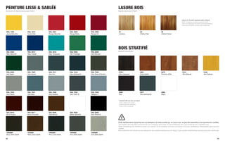 PEINTURE LISSE & SABLÉE                                                                         LASURE BOIS
Smooth & Sand-textured Paint                                                                    Sand-textured Paint



                                                                                                                                                                                        Lasure en émulsion aqueuse (sans solvant).
                                                                                                                                                                                        Stain in aqueous emulsion (solvent free).
                                                                                                                                                                                        Lasur mit wässrige Emulsion (Lösungsmittellos).
                                                                                                                                                                                        Lasura en emulsión acuosa (sin disolvente).



RAL 1003             RAL 1015          RAL 3001          RAL 3003          RAL 3005             01                                  02                     03
Jaune Sécurité       Ivoire Clair      Rouge Sécurité    Rouge Rubis       Rouge Vin            Incolore                            Chêne Clair            Chêne Foncé




                                                                                                BOIS STRATIFIÉ
RAL 5005             RAL 5013          RAL 5018          RAL 6002          RAL 6005             Wood Laminate
Bleu Sécurité        Bleu Cobalt       Bleu Turquoise    Vert Feuillage    Vert Mousse




RAL 6009             RAL 7005          RAL 7011          RAL 7016          RAL 7022             0163 *                              0601                   0272                          0161                           0162
Vert Sapin           Gris Souris       Gris Fer          Gris Anthracite   Gris Terre d’Ombre   Akro Havanne                        Poire Soleil           Pomme d’Été                   Afro Naturel                   Afro Sahara




RAL 7030             RAL 7031          RAL 7040          RAL 7043          RAL 7046             0080                                0077                   0085
Gris Pierre          Gris Bleu         Gris Fenêtre      Gris Trafic B     Télégris 2           Noir                                Gris Anthracite        Blanc


                                                                                                * Coloris 0163 non tenu en stock.
                                                                                                * Color 0163 not in stock.
                                                                                                * Farbe 0163 kein Bestand.
                                                                                                * Color 0163 no estock.



RAL 8016             RAL 8017          RAL 8028          RAL 9003          RAL 9005
Brun Acajou          Brun Chocolat     Terre Brune       Blanc Sécurité    Noir Profond



                                                                                                Cette représentation de teintes est une réalisation de notre société qui, en aucun cas, ne peut être assimilée à une reproduction certifiée.
                                                                                                This shade card has been produced by our Company and under no circumstances can it be construed as a certified copy.
                                                                                                Diese Darstellung der Farbtöne wurde von unserer Firma realisiert und kann auf keinen Fall einer zertifizierten Wiedergabe gleichgesetzt
                                                                                                werden.
                                                                                                Esta ilustración de colores es una realización de nuestra empresa que, en ningún caso, puede considerarse una reproducción certificada.
YW366F               YX355F            YW359F            YW355F            YW356F
Brun 2650 Sablé      Mars 2525 Sablé   Noir 2100 Sablé   Gris 2900 Sablé   Gris 2800 Sablé

62                                                                                                                                                                                                                                        63
 