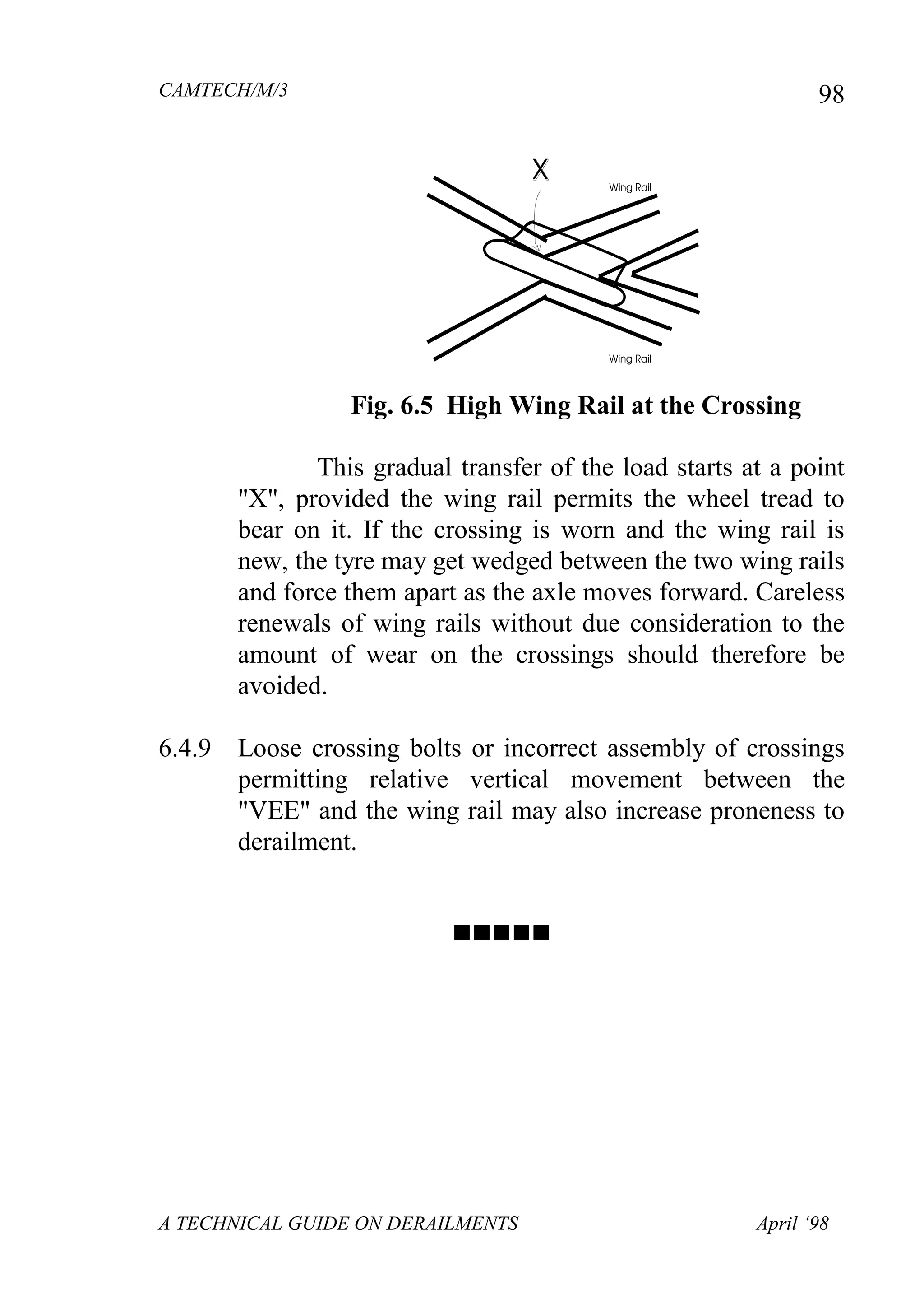 CAMTECH/M/3
A TECHNICAL GUIDE ON DERAILMENTS April ‘98
98
Fig. 6.5 High Wing Rail at the Crossing
This gradual transfer of the load starts at a point
"X", provided the wing rail permits the wheel tread to
bear on it. If the crossing is worn and the wing rail is
new, the tyre may get wedged between the two wing rails
and force them apart as the axle moves forward. Careless
renewals of wing rails without due consideration to the
amount of wear on the crossings should therefore be
avoided.
6.4.9 Loose crossing bolts or incorrect assembly of crossings
permitting relative vertical movement between the
"VEE" and the wing rail may also increase proneness to
derailment.

 