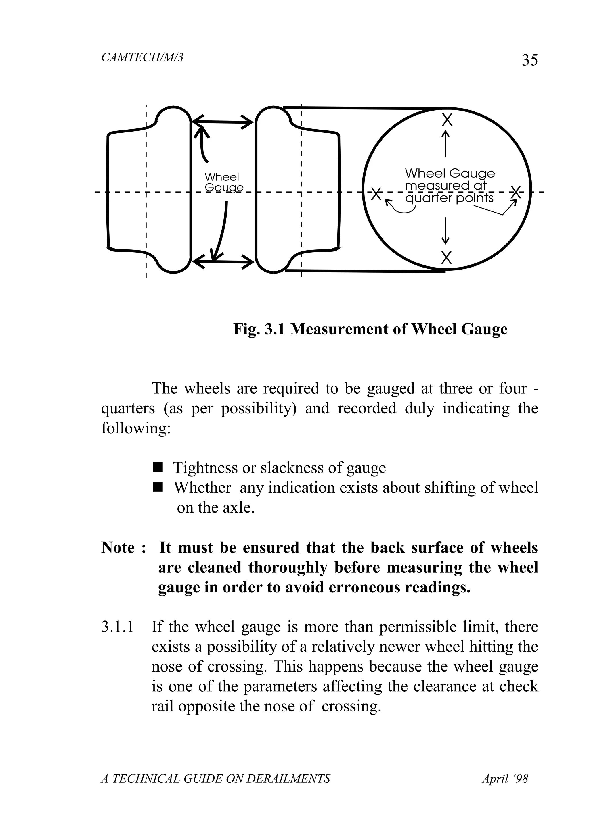CAMTECH/M/3
A TECHNICAL GUIDE ON DERAILMENTS April ‘98
35
Fig. 3.1 Measurement of Wheel Gauge
The wheels are required to be gauged at three or four -
quarters (as per possibility) and recorded duly indicating the
following:
 Tightness or slackness of gauge
 Whether any indication exists about shifting of wheel
on the axle.
Note : It must be ensured that the back surface of wheels
are cleaned thoroughly before measuring the wheel
gauge in order to avoid erroneous readings.
3.1.1 If the wheel gauge is more than permissible limit, there
exists a possibility of a relatively newer wheel hitting the
nose of crossing. This happens because the wheel gauge
is one of the parameters affecting the clearance at check
rail opposite the nose of crossing.
 