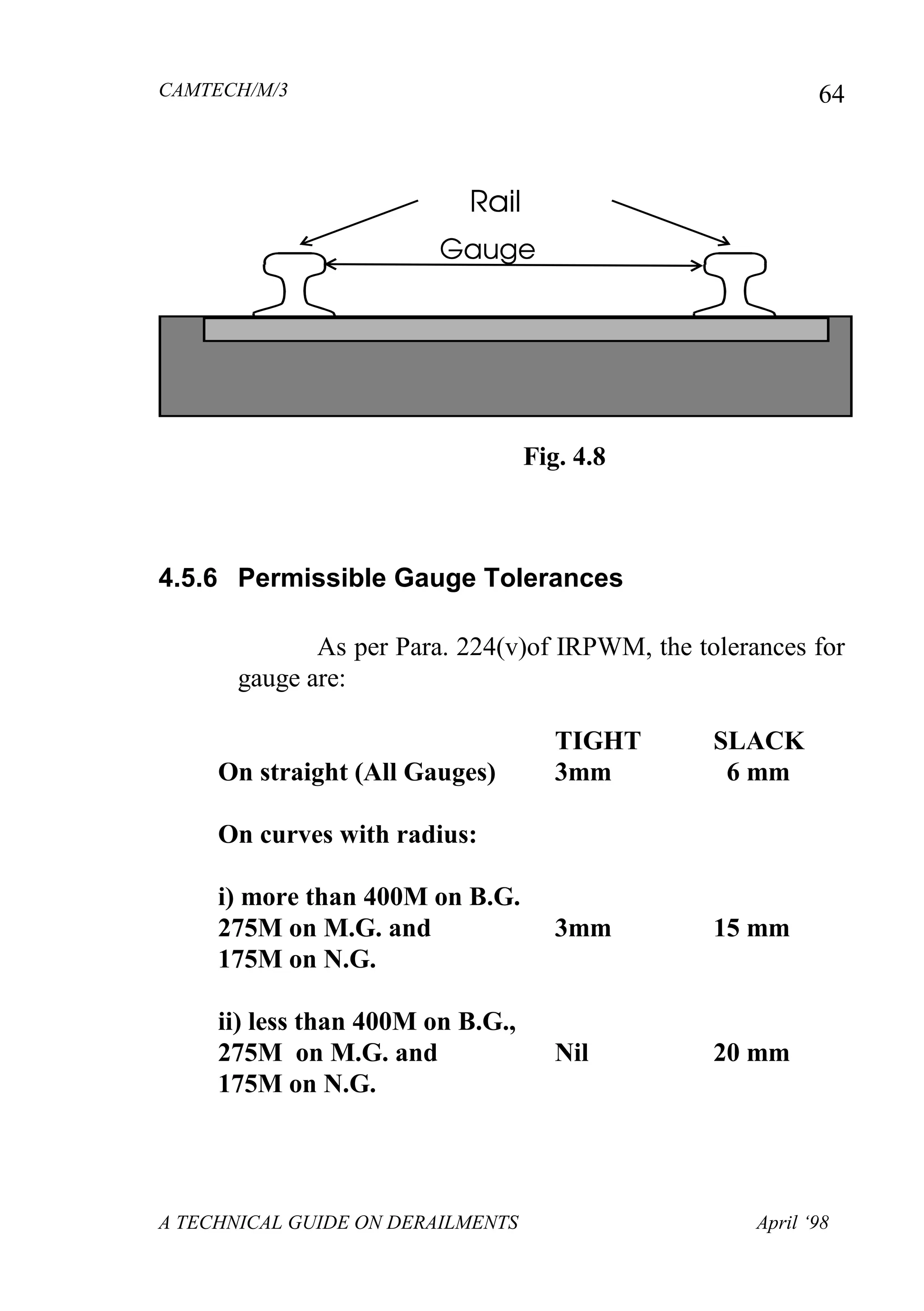 CAMTECH/M/3
A TECHNICAL GUIDE ON DERAILMENTS April ‘98
64
Fig. 4.8
4.5.6 Permissible Gauge Tolerances
As per Para. 224(v)of IRPWM, the tolerances for
gauge are:
TIGHT SLACK
On straight (All Gauges) 3mm 6 mm
On curves with radius:
i) more than 400M on B.G.
275M on M.G. and 3mm 15 mm
175M on N.G.
ii) less than 400M on B.G.,
275M on M.G. and Nil 20 mm
175M on N.G.
 