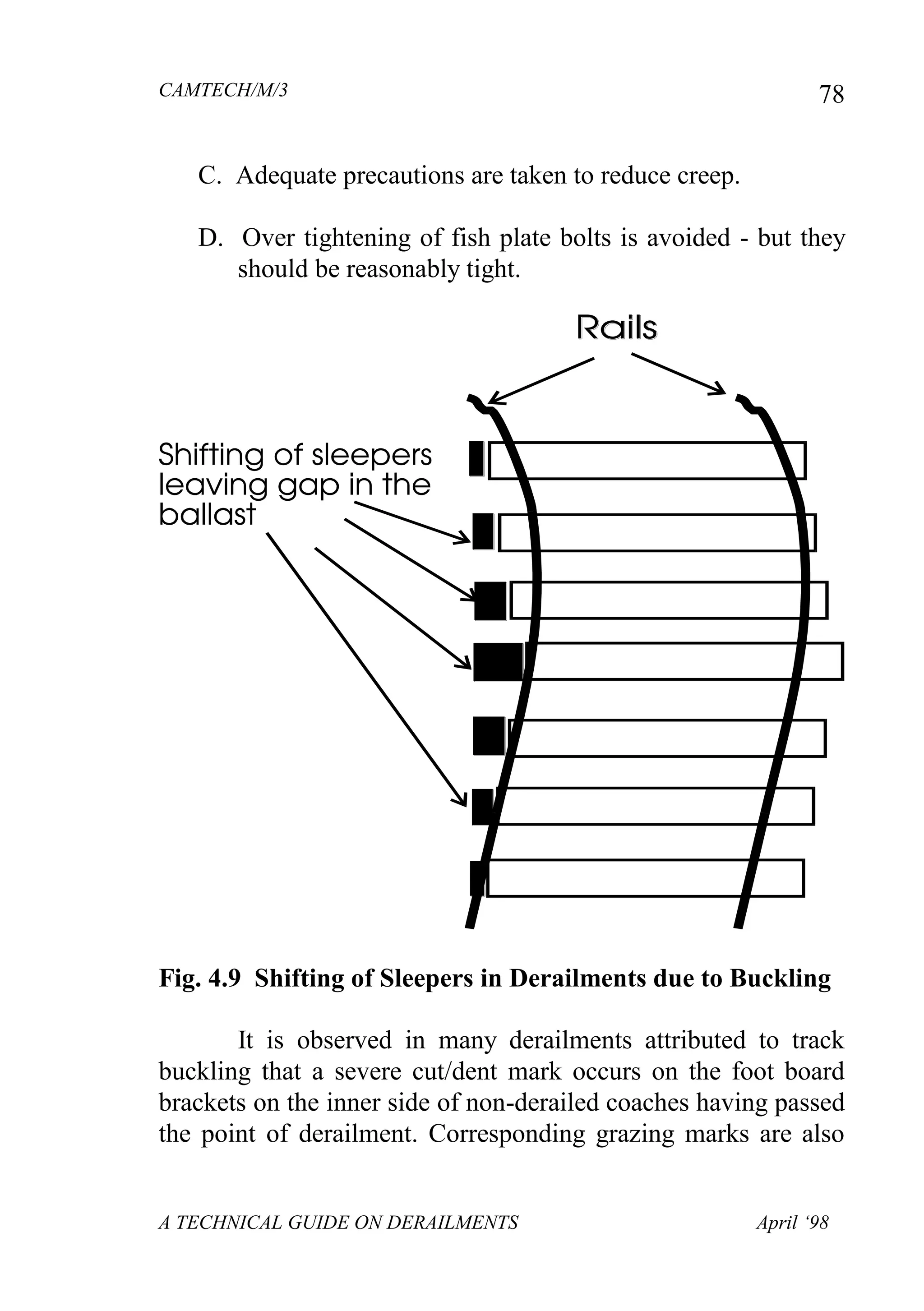 CAMTECH/M/3
A TECHNICAL GUIDE ON DERAILMENTS April ‘98
78
C. Adequate precautions are taken to reduce creep.
D. Over tightening of fish plate bolts is avoided - but they
should be reasonably tight.
Fig. 4.9 Shifting of Sleepers in Derailments due to Buckling
It is observed in many derailments attributed to track
buckling that a severe cut/dent mark occurs on the foot board
brackets on the inner side of non-derailed coaches having passed
the point of derailment. Corresponding grazing marks are also
 