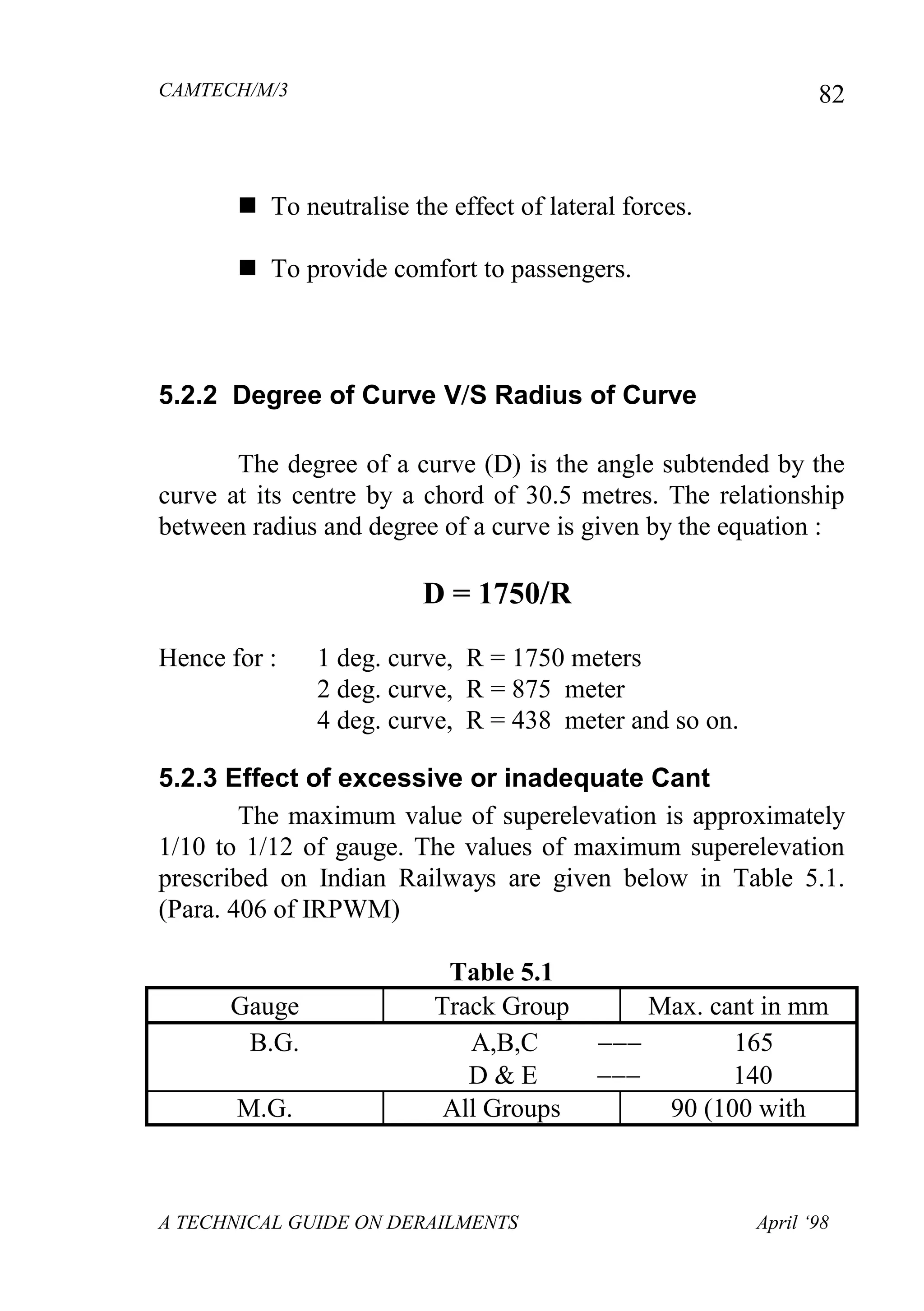 CAMTECH/M/3
A TECHNICAL GUIDE ON DERAILMENTS April ‘98
82
 To neutralise the effect of lateral forces.
 To provide comfort to passengers.
5.2.2 Degree of Curve VS Radius of Curve
The degree of a curve (D) is the angle subtended by the
curve at its centre by a chord of 30.5 metres. The relationship
between radius and degree of a curve is given by the equation :
D = 1750R
Hence for : 1 deg. curve, R = 1750 meters
2 deg. curve, R = 875 meter
4 deg. curve, R = 438 meter and so on.
5.2.3 Effect of excessive or inadequate Cant
The maximum value of superelevation is approximately
1/10 to 1/12 of gauge. The values of maximum superelevation
prescribed on Indian Railways are given below in Table 5.1.
(Para. 406 of IRPWM)
Table 5.1
Gauge Track Group Max. cant in mm
B.G. A,B,C  165
D & E  140
M.G. All Groups 90 (100 with
 