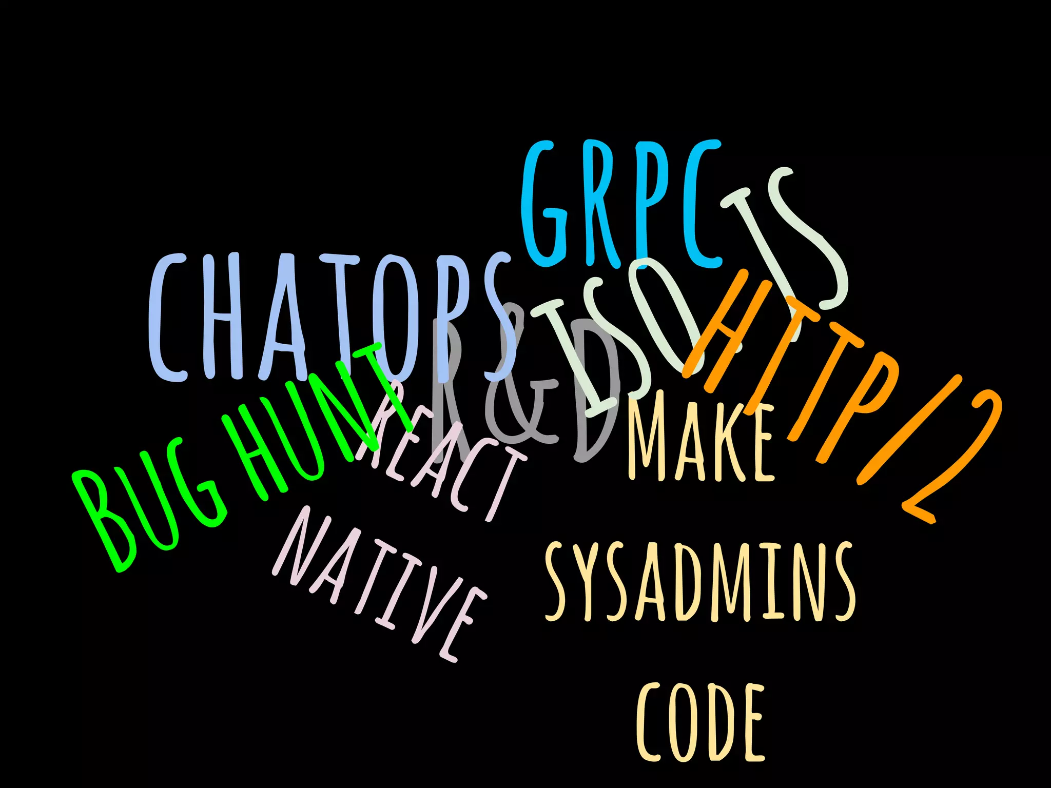 R&Dchatops
grpc
Reactnative
Make
sysadmins
code
iso.JS
Bughunt http/2
 