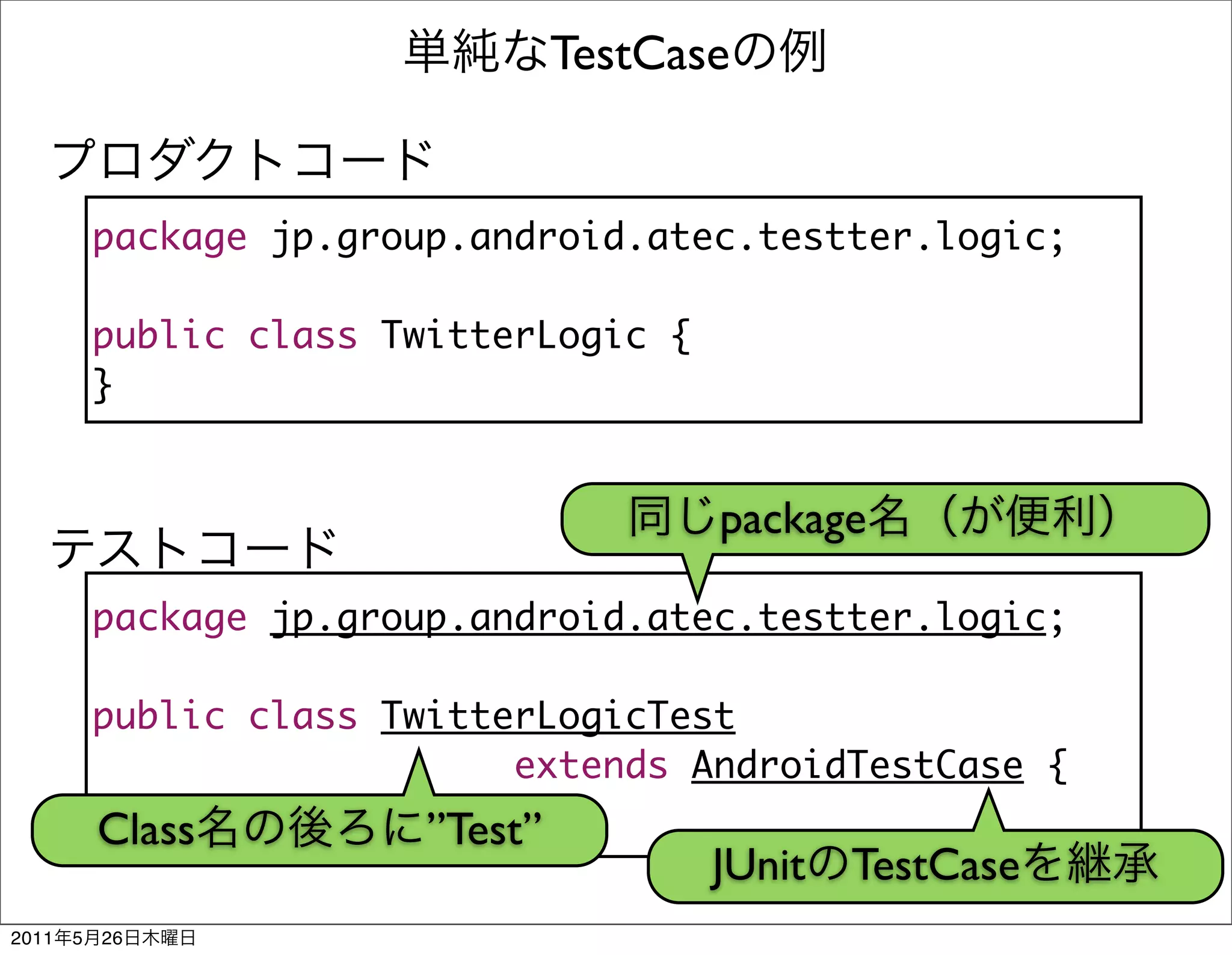 TestCase


           package jp.group.android.atec.testter.logic;

           public class TwitterLogic {
           }


                                         package

           package jp.group.android.atec.testter.logic;

           public class TwitterLogicTest
                              extends AndroidTestCase {
           }
           Class          ”Test”
                                         JUnit   TestCase
2011   5   26
 