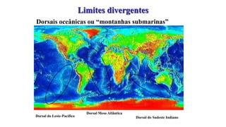 Limites divergentes
Dorsais oceânicas ou “montanhas submarinas”

Dorsal do Leste-Pacífico

Dorsal Meso Atlântica
Dorsal do...