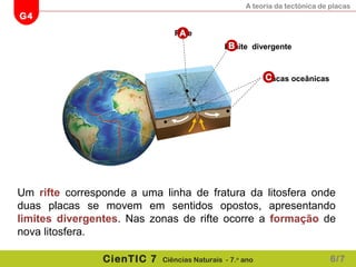 A teoria da tectónica de placas
G4
CienTIC 7 Ciências Naturais - 7.o
ano
Rifte
Um rifte corresponde a uma linha de fratura da litosfera onde
duas placas se movem em sentidos opostos, apresentando
limites divergentes. Nas zonas de rifte ocorre a formação de
nova litosfera.
Placas oceânicas
Limite divergente
C
B
A
6/7
 