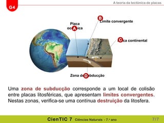 A teoria da tectónica de placas
G4
CienTIC 7 Ciências Naturais - 7.o
ano
Uma zona de subducção corresponde a um local de colisão
entre placas litosféricas, que apresentam limites convergentes.
Nestas zonas, verifica-se uma contínua destruição da litosfera.
Placa
oceânica
Zona de subducção
A
B
Placa continentalC
Limite convergente
D
7/7
 