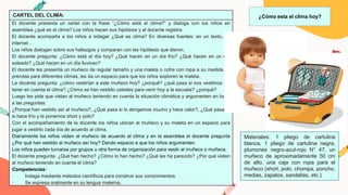 CARTEL DEL CLIMA:
El docente presenta un cartel con la frase “¿Cómo está el clima?” y dialoga con los niños en
asamblea ¿qué es el clima? Los niños hacen sus hipótesis y el docente registra.
El docente acompaña a los niños a indagar ¿Qué es clima? En diversas fuentes: en un texto, en
internet…
Los niños dialogan sobre sus hallazgos y comparan con las hipótesis que dieron.
El docente pregunta: ¿Cómo está el día hoy? ¿Qué hacen en un día frio? ¿Qué hacen en un día
soleado? ¿Qué hacen en un día lluvioso?
El docente les presenta un muñeco de regular tamaño y una maleta o cofre con ropa a su medida de
prendas para diferentes climas, les da un espacio para que los niños exploren la maleta.
La docente pregunta: ¿cómo vestirían a este muñeco hoy? ¿porqué? ¿qué pasa si nos vestimos sin
tener en cuenta el clima? ¿Cómo se han vestido ustedes para venir hoy a la escuela? ¿porqué?
Luego les pide que vistan al muñeco teniendo en cuenta la situación climática y argumenten en base
a las preguntas:
¿Porque han vestido así al muñeco?, ¿Qué pasa si lo abrigamos mucho y hace calor?, ¿Qué pasaría
si hace frío y le ponemos short y polo?
Con el acompañamiento de la docente los niños ubican al muñeco y su maleta en un espacio para
jugar a vestirlo cada día de acuerdo al clima.
Diariamente los niños visten al muñeco de acuerdo al clima y en la asamblea el docente pregunta
¿Por qué han vestido al muñeco así hoy? Dando espacio a que los niños argumenten.
Los niños pueden turnarse por grupos u otra forma de organización para vestir al muñeco o muñeca.
El docente pregunta: ¿Qué han hecho? ¿Cómo lo han hecho? ¿Qué les ha parecido? ¿Por qué visten
al muñeco teniendo en cuenta el clima?
Competencias:
∙ Indaga mediante métodos científicos para construir sus conocimientos.
∙ Se expresa oralmente en su lengua materna.
¿Cómo esta el clima hoy?
Materiales: 1 pliego de cartulina
blanca, 1 pliego de cartulina negra,
plumones negro-azul-rojo N° 47, un
muñeco de aproximadamente 50 cm
de alto, una caja con ropa para el
muñeco (short, polo, chompa, poncho,
medias, zapatos, sandalias, etc.)
 