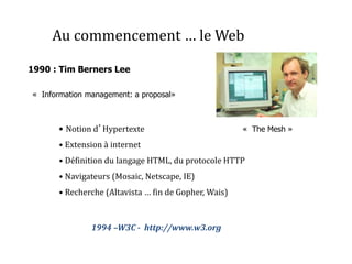 Au commencement … le Web
• Notion d’Hypertexte
• Extension à internet
• Définition du langage HTML, du protocole HTTP
• Navigateurs (Mosaic, Netscape, IE)
• Recherche (Altavista … fin de Gopher, Wais)
« Information management: a proposal»
1994 –W3C - http://www.w3.org
1990 : Tim Berners Lee
« The Mesh »
 
