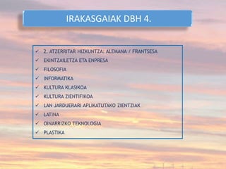  2. ATZERRITAR HIZKUNTZA: ALEMANA / FRANTSESA
 EKINTZAILETZA ETA ENPRESA
 FILOSOFIA
 INFORMATIKA
 KULTURA KLASIKOA
 KULTURA ZIENTIFIKOA
 LAN JARDUERARI APLIKATUTAKO ZIENTZIAK
 LATINA
 OINARRIZKO TEKNOLOGIA
 PLASTIKA
IRAKASGAIAK DBH 4.
 