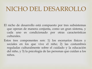 NICHO DEL DESARROLLO

El nicho de desarrollo está compuesto por tres subsistemas
  que operan de manera conjunta, como un ...