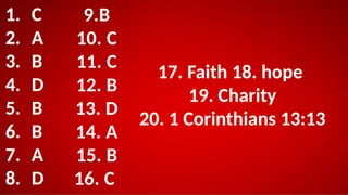 1. C
2. A
3. B
4. D
5. B
6. B
7. A
8. D
9.B
10. C
11. C
12. B
13. D
14. A
15. B
16. C
17. Faith 18. hope
19. Charity
20. 1 Corinthians 13:13
 