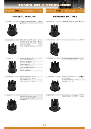 TAMPA DO DISTRIBUIDOR
Original        ATEL         Aplicação                             Ano        Original            ATEL          Aplicação                            Ano


            GENERAL MOTORS                                                                     GENERAL MOTORS
  3479003       51003   Chevette 1.4 Distrib. Delco Remy           73 ➡ 79        9.231.081.320   51320   Chevette 1.4L - Marajó 1.4 - gas./álc.     ➡ 11/76
                        gas. Platinado




1.235.522.056   51056   Opala - Caravan - 4 Cil. - gas./álc.       todos           10.467.543     51543   Monza - Kadett - Inj. Eletr.                92 ➡
                        Chevette - Marajó - 1.4 - gas./álc.        ➡ 8/87
                        Chevette - Marajó - 1.6 - gas./álc.        todos
                        Chevy 500 - gas./álc.                      todos
                        Todos com Ignição Eletrônica




9.231.086.196   51196   Monza 1.6L - Ipanema 1.8L                   ➡ 91           1.963.556      51556   Caminhão-Caminhoneta-Caravan-Opala         69 ➡ 84
                        Monza 1.8/2.0 SL/SLE/Classic - gas./álc.                                          Pick-Up Veraneio 6Cil. - Inj. Eletr.        todos
                        Monza 1.8 SR - gas./álc.
                        Monza2.0i EF 500 Classic - gas.
                        Monza Classic MPFI
                        Kadett 1.8L/2.0L - IE - Gas./álc.
                        Todos com Ignição Eletrônica
                        Monza 1.6 - IC - gas.
                        Ignição Convencional




9.231.087.226   51226   Bonanza - Veraneio - 6 Cil. - gas./álc.                    1.954.606      51606   Caminhão - Caminhoneta                     69 ➡ 83
                        Caminhões A60 - C60 - gas./álc.                                                   Caravan - Opala                            69 ➡ 83
                        Pick - Up A20 - álc.                                                              Pick-Up/Veraneio -4 Cil. IC - gas./álc.
                        Opala - Caravan - 6 Cil. - gas./álc.       ➡ 1/85                                 Comodoro - 4 Cil. - gas.




  1924248       51248   Chevrolet Brasil                           53 ➡ 83        9.231.081.678   51678   Chevette/Chevy500/Marajó 1.6L- gas./álc.    ➡ 83
                        A60,C60,C1415,C1416,C10,A10                                                       Chevette - Marajó - 1.4 - gas./álc.        12/76 ➡
                        todos 6 cil. Distribuidor Delco
                        gas. Platinado




                                                                             22
 