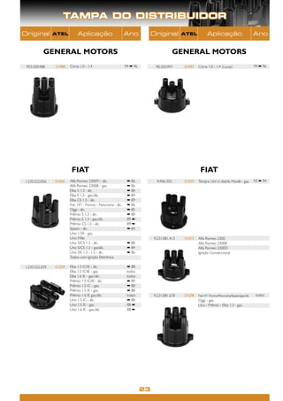 TAMPA DO DISTRIBUIDOR
Original        ATEL         Aplicação                         Ano            Original        ATEL           Aplicação                             Ano


           GENERAL MOTORS                                                                  GENERAL MOTORS
 903.500.988    51988   Corsa 1.0 - 1.4                        94 ➡ 96         90.350.997     51997   Corsa 1.0 - 1.4 (Lucas)                      94 ➡ 96




                         FIAT                                                                          FIAT
1.235.522.056   51056   Alfa Romeo 2300Ti - álc.                ➡ 86           9.946.355      51355   Tempra 16V c/ distrib. Marelli - gas.        93 ➡ 94
                        Alfa Romeo 2300B - gas.                 ➡ 86
                        Elba S 1.3 - álc.                       ➡ 88
                        Elba S 1.3 - gas./álc.                  ➡ 89
                        Elba CS 1.5 - álc.                      ➡ 89
                        Fiat 147 - Fiorino - Panorama - álc.    ➡ 86
                        Oggi - álc.                             ➡ 85
                        Prêmio S 1.3 - álc.                     ➡ 88
                        Prêmio S 1.3 - gas./álc.                89 ➡
                        Prêmio CS 1.5 - álc.                    89 ➡
                        Spazio - álc.                           ➡ 84
                        Uno 1.5R - gas.
                        Uno Mille                                             9.231.081.413   51413   Alfa Romeo 2300
                        Uno S/CS 1.3 - álc.                     ➡ 88                                  Alfa Romeo 2300B
                        Uno S/CS 1.3 - gas/álc.                 ➡ 89                                  Alfa Romeo 2300D
                        Uno SX 1.3 - 1.5 - álc.                 ➡ 86                                  Ignição Convencional
                        Todos com Ignição Eletrônica

1.235.522.259   51259   Elba 1.5 IC/IE - álc.                   ➡ 88
                        Elba 1.5 IC/IE - gas.                   todos
                        Elba 1.6 IE - gas./álc.                 todos
                        Prêmio 1.5 IC/IE - álc.                 ➡ 89
                        Prêmio 1.5 IC - gas.                    ➡ 88
                        Prêmio 1.5 IE - gas.                    ➡ 88
                        Prêmio 1.6 IE gas./álc.                 todos         9.231.081.678   51678   Fiat147- Fiorino/Panorama/Spazio/gas./álc.    todos
                        Uno 1.5 IC - álc.                       ➡ 88                                  Oggi - gas.
                        Uno 1.5 IE - gas.                       88 ➡                                  Uno - Prêmio - Elba 1.3 - gas.
                        Uno 1.6 IE - gas./álc.                  88 ➡




                                                                         23
 