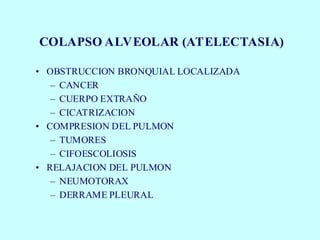 COLAPSO ALVEOLAR (ATELECTASIA)
• OBSTRUCCION BRONQUIAL LOCALIZADA
– CANCER
– CUERPO EXTRAÑO
– CICATRIZACION
• COMPRESION DEL PULMON
– TUMORES
– CIFOESCOLIOSIS
• RELAJACION DEL PULMON
– NEUMOTORAX
– DERRAME PLEURAL
 