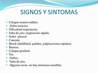 SIGNOS Y SINTOMAS Colapso masivo súbito: Dolor torácico Dificultad respiratoria Falta de aire; respiración rápida.Dolor  pleuralCianosisShock (debilidad, palidez, palpitaciones rápidas).Mareos.Colapso gradual:Tos. Fiebre. Falta de aire. Algunas veces, no hay síntomas notables