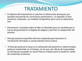 TRATAMIENTOEl objetivo del tratamiento es suprimir la obstrucción bronquial, por ejemplo extrayendo las secreciones pulmonares y  re expandir el área pulmonar colapsada. Las medidas terapéuticas para curar la atelectasia son:Permanecer recostado sobre el lado no afectado para ser ayudado por la fuerza de gravedad en la llegada de oxigeno y permitir la reexpansión del pulmón.Drenaje postural específico del área colapsada para favorecer la movilización del tapón o cuerpo extraño hacia la boca. El drenaje postural se basa en la colocación del paciente en determinadas posturas mantenidas en el tiempo, en las que, por efecto de la gravedad, los bronquios ocupados se vacían hacia la tráquea para la posterior salida del contenido al exterior.