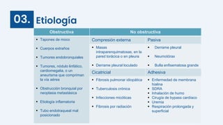 Etiología
03.
Obstructiva No obstructiva
 Tapones de moco
 Cuerpos extraños
 Tumores endobronquiales
 Tumores, nódulo linfático,
cardiomegalia, o un
aneurisma que compriman
la vía aérea
 Obstrucción bronquial por
neoplasia metastásica
 Etiología inflamatoria
 Tubo endotraqueal mal
posicionado
Compresión externa Pasiva
 Masas
intraparenquimatosas, en la
pared torácica o en pleura
 Derrame pleural loculado
 Derrame pleural
 Neumotórax
 Bulla enfisematosa grande
Cicatricial Adhesiva
 Fibrosis pulmonar idiopática
 Tuberculosis crónica
 Infecciones micóticas
 Fibrosis por radiación
 Enfermedad de membrana
hialina
 SDRA
 Inhalación de humo
 Cirugía de bypass cardíaco
 Uremia
 Respiración prolongada y
superficial
 