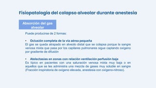 Puede producirse de 2 formas:
• Oclusión completa de la vía aérea pequeña
El gas se queda atrapado en alveolo distal que se colapsa porque la sangre
venosa mixta que pasa por los capilares pulmonares sigue captando oxígeno
por gradiente de difusión
• Atelectasias en zonas con relación ventilación perfusión baja
Es típico en pacientes con una saturación venosa mixta muy baja o en
aquellos que se les administra una mezcla de gases muy soluble en sangre
(Fracción inspiratoria de oxígeno elevada, anestesia con oxígeno-nitroso).
Absorción del gas
alveolar
Fisiopatología del colapso alveolar durante anestesia
 
