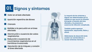 Dolor en el lado afectado
Aparición repentina de disnea
La mayoría de los síntomas y
signos son determinados por la
rapidez en que ocurre la oclusión
bronquial, el tamaño del área
afectada, y la presencia o
ausencia de infección complicada.
También podría aparecer
hipotensión, taquicardia, fiebre y
shock.
Atelectasias de desarrollo lento
pueden ser asintomáticas o
causar síntomas menores.
Signos y síntomas
01.
Cianosis
Matidez a la percusión en el área
afectada
Disminución o ausencia de ruidos
respiratorios
Reducción o ausencia de
movimientos respiratorios en el
hemitórax involucrado
Desviación de la tráquea y corazón
al área afectada
 