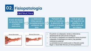 Fisiopatología
OBSTRUCTIVA
02.
El aire del alveolo
se absorbe distal
a la lesión
obstructiva
La obstrucción
inhibe parcial o
completamente la
ventilación del
área
Perfusión del
área se mantiene,
la absorción de
gases a la sangre
continua
Todo el gas en
ese segmento se
absorbe y, el
tejido pulmonar
se colapsa
o El pulmón no colapsado, tiende a distenderse
desplazando las estructuras contiguas
o El corazón y mediastino se desplazan hacia el pulmón
colapsado, el diafragma se eleva y las paredes
torácicas se aplanan
o La persistencia de la obstrucción e infección puede
llegar a desarrollar fibrosis y/o bronquiectasias
 