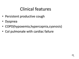 28
Clinical features
• Persistent productive cough
• Dyspnea
• COPD(hypoxemia,hypercapnia,cyanosis)
• Col pulmonale with cardiac failure
28
 