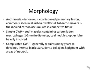 76
Morphology
• Anthracosis – innocuous, coal induced pulmonary lesion,
commonly seen in all urban dwellers & tobacco smokers &
the inhaled carbon accumulate in connective tissue.
• Simple CWP – coal macules containing carbon laden
macrophages 1-2mm in diameter, coal nodules, upper lobe
heavily involved
• Complicated CWP – generally requires many years to
develop , intense black scars, dense collagen & pigment with
areas of necrosis
76
 