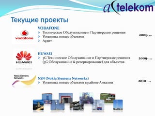 Текущие проекты
       VODAFONE
        Техническое Обслуживание и Партнерские решения
        Установка новых объектов
                                                             2009-...
        Аудит


       HUWAEI
        3G Техническое Обслуживание и Партнерские решения   2009-...
         (3G Обслуживание & резервирование) для объектов



       NSN (Nokia Siemens Networks)
        Установка новых объектов в районе Анталии           2010-...
 