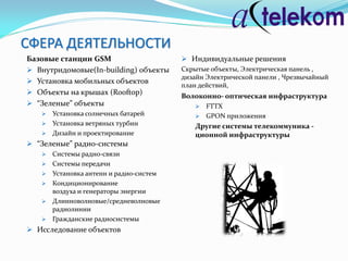 СФЕРА ДЕЯТЕЛЬНОСТИ
Базовые станции GSM                       Индивидуальные решения
 Внутридомовые(In-building) объекты     Скрытые объекты, Электрическая панель ,
                                         дизайн Электрической панели , Чрезвычайный
 Установка мобильных объектов
                                         план действий,
 Объекты на крышах (Rooftop)
                                         Волоконно- оптическая инфраструктура
 “Зеленые” объекты                          FTTX
    Установка солнечных батарей             GPON приложения
    Установка ветряных турбин
                                            Другие системы телекоммуника -
    Дизайн и проектирование                ционной инфраструктуры
 “Зеленые” радио-системы
      Системы радио-связи
      Системы передачи
      Установка антенн и радио-систем
      Кондиционирование
       воздуха и генераторы энергии
      Длинноволновые/средневолновые
       радиолинии
      Гражданские радиосистемы
 Исследование объектов
 