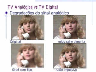 T V Analógica vs T V Digital
  Degradações  do  sinal  analógico  
Original            ruído  sal  e  pimenta  
Sinal  com  Eco                ruído  impulsivo  
 