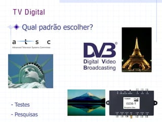 T V Digital
  Qual  padrão  escolher?  
-­  Testes  
-­  Pesquisas  
 