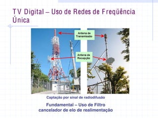 T V Digital ± Uso de Redes de Freqüência
Única
Captação por sinal de radiodifusão
Fundamental ± Uso de Filtro
cancelador de elo de realimentação
 