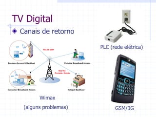 TV  Digital  
  Canais  de  retorno  
PLC  (rede  elétrica)  
Wimax  
(alguns  problemas)   GSM/3G  
 