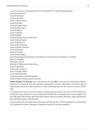 Sistema Brasileiro de Televisão 31
(através de antena parabólica) TV Studioshttp://www.sbt.com.br/home/
[2]
Canal 09 (Campina Grande)
Canal 05 (João Pessoa)
Canal 04 (São Paulo)
Canal 04 (Salvador)
Canal 11 (Rio de Janeiro)
Canal 09 (Goiânia)
Canal 08 (Campo Grande)
Canal 05 (Porto Alegre)
Canal 05 (Maceió)
Canal 12 (Brasília)
Canal 05 (Belém)
Canal 04 (Curitiba) Canal 28 (São Paulo)
Canal 24 (Rio de Janeiro)
Canal 31 (João Pessoa)
Canal 36 (Belo Horizonte)
Canal 35 (Recife e Fortaleza)
Canal 25 (Salvador)
Canal 39 (Curitiba)
Canal 28 (Porto Alegre)
Canal 20 (Goiânia) Canal 222 Canal 11 Canal 09 Canal 222 Canal 09 Canal 222 Banda L: 1416 MHz
Banda C: 3734 MHz
Polarização: Vertical
Filtro BW: 27 MHz Canal 16 (João Pessoa)
Canal 17 (São Paulo)
Canal 23 (Rio de Janeiro)
Canal 17 (Campo Grande)
Canal 18 (Belo Horizonte)
Canal 04 (Londrina) Canal 509 (São Paulo)
Canal 511 (Rio de Janeiro) Canal 04 Canal 304
Sistema Brasileiro de Televisão (mais conhecido pela sua sigla, SBT) é uma rede de televisão aberta brasileira,
fundada em 19 de agosto de 1981 pelo empresário e apresentador de televisão, Silvio Santos. A TV Studios (que era
conhecida pela sigla TVS), no Rio de Janeiro foi o passo fundamental para dar vida a emissora e durou de 1976 à
1987.
É a segunda maior rede de televisão do Brasil em cobertura nacional, possui uma rede com 108 emissoras que
cobrem 96% do pais. Além disso, a emissora possui 40% do SBT TVI, em Araçatuba e oito emissoras próprias. São
elas: SBT Belém, SBT Brasília, SBT Centro-Oeste Paulista, SBT Nova Friburgo, SBT Porto Alegre, SBT Ribeirão
Preto, SBT Rio de Janeiro e SBT São Paulo.
A emissora possui um dos maiores núcleos televisivos da América Latina, o CDT da Anhanguera, e está localizada
no 18º quilômetro da rodovia Anhanguera, ocupando uma área de 231 mil metros quadrados.
 