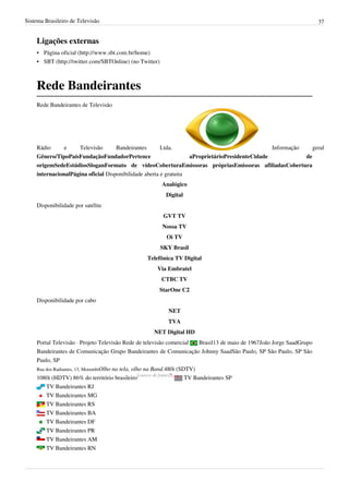 Sistema Brasileiro de Televisão 37
Ligações externas
• Página oficial (http://www.sbt.com.br/home)
• SBT (http://twitter.com/SBTOnline) (no Twitter)
Rede Bandeirantes
Rede Bandeirantes de Televisão
Rádio e Televisão Bandeirantes Ltda. Informação geral
Gênero/TipoPaísFundaçãoFundadorPertence aProprietárioPresidenteCidade de
origemSedeEstúdiosSloganFormato de vídeoCoberturaEmissoras própriasEmissoras afiliadasCobertura
internacionalPágina oficial Disponibilidade aberta e gratuita
Analógico
Digital
Disponibilidade por satélite
GVT TV
Nossa TV
Oi TV
SKY Brasil
Telefônica TV Digital
Via Embratel
CTBC TV
StarOne C2
Disponibilidade por cabo
NET
TVA
NET Digital HD
Portal Televisão · Projeto Televisão Rede de televisão comercial Brasil13 de maio de 1967João Jorge SaadGrupo
Bandeirantes de Comunicação Grupo Bandeirantes de Comunicação Johnny SaadSão Paulo, SP São Paulo, SP São
Paulo, SP
Rua dos Radiantes, 13, MorumbiOlho na tela, olho na Band.480i (SDTV)
1080i (HDTV) 86% do território brasileiro
[carece de fontes?]
TV Bandeirantes SP
TV Bandeirantes RJ
TV Bandeirantes MG
TV Bandeirantes RS
TV Bandeirantes BA
TV Bandeirantes DF
TV Bandeirantes PR
TV Bandeirantes AM
TV Bandeirantes RN
 