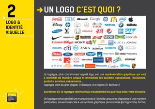 vaisonventouxtourismePRO 
UN LOGO C’EST QUOI ? 
2 
LOGO & 
IDENTITÉ 
VISUELLE 
Le logotype, plus couramment appelé logo, est une représentation graphique qui sert à identifier de manière unique et immédiate les sociétés, associations, institutions, produits, services, événements... 
Logotype vient du grec «logos» (« discours ») et «typos» (« écriture »). 
Autrement dit, le logotype communique visuellement ce que vous dites, votre discours. 
Un logotype est en général une marque écrite à l’aide de caractères disposées d’une manière particulière, souvent associée à un symbole graphique personnalisé (pictogramme, forme).  