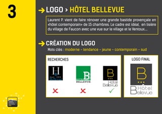 vaisonventouxtourismePRO 
LOGO > HÔTEL BELLEVUE 
CRÉATION DU LOGO 
3 
Laurent P. vient de faire rénover une grande bastide provençale en «hôtel contemporain» de 15 chambres. Le cadre est idéal, en lisière du village de Faucon avec une vue sur le village et le Ventoux.... 
Mots clés : moderne - tendance - jeune - contemporain - sud 
RECHERCHES 
LOGO FINAL  