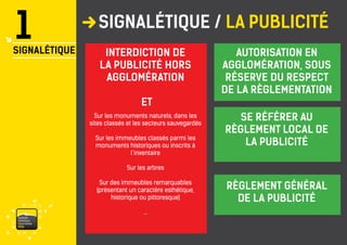 vaisonventouxtourismePRO 
1 
SIGNALÉTIQUE / LA PUBLICITÉ 
SIGNALÉTIQUE 
INTERDICTION DE LA PUBLICITÉ HORS AGGLOMÉRATION 
ET 
Sur les monuments naturels, dans les sites classés et les secteurs sauvegardés 
Sur les immeubles classés parmi les monuments historiques ou inscrits à l’inventaire 
Sur les arbres 
Sur des immeubles remarquables (présentant un caractère esthétique, historique ou pittoresque) 
... 
AUTORISATION EN AGGLOMÉRATION, SOUS RÉSERVE DU RESPECT DE LA RÈGLEMENTATION 
SE RÉFÉRER AU RÈGLEMENT LOCAL DE LA PUBLICITÉ 
RÈGLEMENT GÉNÉRAL DE LA PUBLICITÉ 
EXEMPLE ICI 
GUIDE PRATIQUE ET RÈGLEMETATION, ICI  