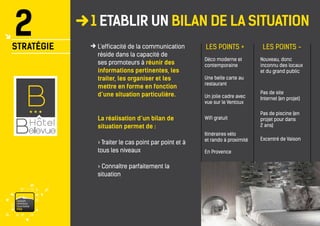 vaisonventouxtourismePRO 
1 ETABLIR UN BILAN DE LA SITUATION 
2 
STRATÉGIE 
L’efficacité de la communication réside dans la capacité de ses promoteurs à réunir des informations pertinentes, les traiter, les organiser et les mettre en forme en fonction d’une situation particulière. 
La réalisation d’un bilan de situation permet de : 
> Traiter le cas point par point et à tous les niveaux 
> Connaître parfaitement la situation 
Nouveau, donc inconnu des locaux 
et du grand public 
Pas de piscine (en projet pour dans 
2 ans) 
Excentré de Vaison 
Pas de site 
Internet (en projet) 
Déco moderne et contemporaine 
Une belle carte au restaurant 
Un jolie cadre avec vue sur le Ventoux 
Wifi gratuit 
Itinéraires vélo 
et rando à proximité 
En Provence 
LES POINTS + 
LES POINTS -  