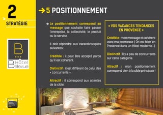 vaisonventouxtourismePRO 
5 POSITIONNEMENT 
2 
STRATÉGIE 
Le positionnement correspond au message que souhaite faire passer l’entreprise, la collectivité, le produit ou le service. 
Il doit répondre aux caractéristiques suivantes : 
Crédible : il peut être accepté parce qu’il est cohérent. 
Distinctif : il est différent de celui des « concurrents ». 
Attractif : il correspond aux attentes de la cible. 
Crédible : mon message et cohérent avec ma promesse ( On est bien en Provence dans un Hôtel moderne...) 
Distinctif : Il y a peu de concurrents sur cette catégorie. 
Attractif : mon positionnement correspond bien à la cible principale ! 
« VOS VACANCES TENDANCES 
EN PROVENCE »  