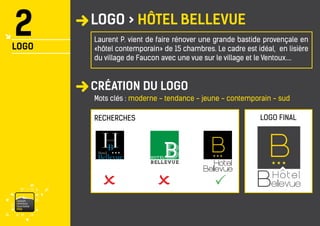 vaisonventouxtourismePRO 
LOGO > HÔTEL BELLEVUE 
CRÉATION DU LOGO 
2 
LOGO 
Laurent P. vient de faire rénover une grande bastide provençale en «hôtel contemporain» de 15 chambres. Le cadre est idéal, en lisière du village de Faucon avec une vue sur le village et le Ventoux.... 
Mots clés : moderne - tendance - jeune - contemporain - sud 
RECHERCHES 
LOGO FINAL  