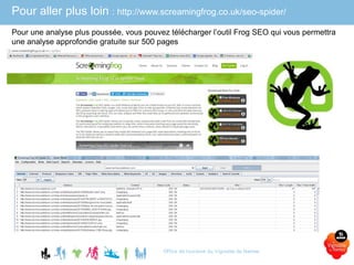Pour aller plus loin : http://www.screamingfrog.co.uk/seo-spider/
Office de tourisme du Vignoble de Nantes
Pour une analyse plus poussée, vous pouvez télécharger l’outil Frog SEO qui vous permettra
une analyse approfondie gratuite sur 500 pages
 