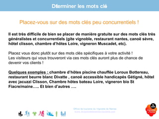 Déterminer les mots clés
Office de tourisme du Vignoble de Nantes
www.levignobledenantes-tourisme.com
Placez-vous sur des mots clés peu concurrentiels !
Il est très difficile de bien se placer de manière gratuite sur des mots clés très
généralistes et concurrentiels (gite vignoble, restaurant nantes, canoë sèvre,
hôtel clisson, chambre d’hôtes Loire, vigneron Muscadet, etc).
Placez vous donc plutôt sur des mots clés spécifiques à votre activité !
Les visiteurs qui vous trouveront via ces mots clés auront plus de chance de
devenir vos clients !
Quelques exemples : chambre d’hôtes piscine chauffée Loroux Bottereau,
restaurant beurre blanc Divatte , canoë accessible handicapés Gétigné, hôtel
avec jacuzzi Clisson, Chambre hôtes bateau Loire, vigneron bio St
Fiacre/maine….. Et bien d’autres ….
 