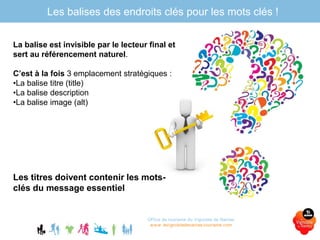Les balises des endroits clés pour les mots clés !
Office de tourisme du Vignoble de Nantes
www.levignobledenantes-tourisme.com
La balise est invisible par le lecteur final et
sert au référencement naturel.
C’est à la fois 3 emplacement stratégiques :
•La balise titre (title)
•La balise description
•La balise image (alt)
Les titres doivent contenir les mots-
clés du message essentiel
 