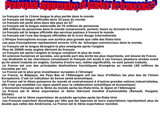 Pourquoi apprendre et parler le français? Le français est la 11ème langue la plus parlée dans le monde   Le français est langue officielle dans 33 pays du monde   Le français est parlé dans deux des pays du G7   Le français est la langue maternelle de 75 millions de personnes   200 millions de personnes dans le monde comprennent, parlent, lisent ou écrivent le français   Le français est la langue officielle des services postaux à travers le monde    Le français est l'une des langues officielles de la Croix Rouge Internationale   L'Afrique francophone occupe une surface plus grande que celle des Etats-Unis Les pays francophones reprèsentent environ 12% de  échanges commerciaux dans le monde,     Le français est la langue étrangère la plus enseignée après l'anglais    Plus de 20000 mots anglais dérivent du français   Le français est après l'anglais la langue comptant le plus de mots   En sciences humaines et sociales, une grande part des écrits les plus importants, ont émané de France   Les étudiants et les chercheurs connaissant le français ont accès à ces travaux plusieurs années avant qu'ils soient traduits en anglais. Certains d'entre eux, même significatifs, ne sont jamais traduits.   La France est une des principales destinations touristiques étrangères au monde (60 millions de touristes par an)   La France est le plus gros investisseur européen à l'étranger   La France, la Belgique, les Pays Bas et l'Allemagne ont les taux d'inflation les plus bas de l'Union Européenne. C'est un indicateur de bonne santé économique.    La France est la 4ème puissance du monde et contrairement à d'autres grandes nations industrialisées, elle n'est pas endettée (un signe positif pour la collaboration scientifique et économique)   L'économie française est la 4ème du monde après les Etats-Unis, le Japon et l'Allemagne   La France est le 3ème exportateur et 4ème fabricant mondial d'automobiles (Renault, Peugeot, Citroën)    La France est le 2ème exportateur de produits agricoles après les Etats-Unis   Les Français exportent davantage par tête que les Japonais et leurs exportations représentent plus du double que celles des Américains. La France est le 4ème exportateur mondial. 