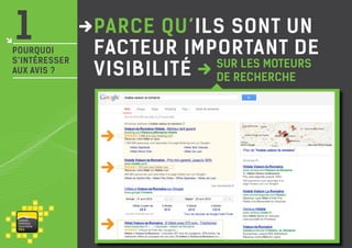 1

pourquoi
s’intéresser
aux avis ?

va i s on
ventou x
touris m e
P RO

Parce qu’ils sont un
facteur important de
sur les moteurs
visibilité de recherche

 