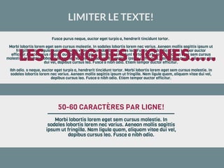Fusce purus neque, auctor eget turpis a, hendrerit tincidunt tortor.
Morbi lobortis lorem eget sem cursus molestie. In sodales lobortis lorem nec varius. Aenean mollis sagittis ipsum ut
fringilla. Nam ligula quam, aliquam vitae dui vel, dapibus cursus leo. Fusce a nibh odio. Etiam tempor auctor
efficitur.Fusce purus neque, auctor eget turpis a, hendrerit tincidunt tortor. Morbi lobortis lorem eget sem cursus
molestie. In sodales lobortis lorem nec varius. Aenean mollis sagittis ipsum ut fringilla. Nam ligula quam, aliquam vitae
dui vel, dapibus cursus leo. Fusce a nibh odio. Etiam tempor auctor efficitur.
Ibh odio. s neque, auctor eget turpis a, hendrerit tincidunt tortor. Morbi lobortis lorem eget sem cursus molestie. In
sodales lobortis lorem nec varius. Aenean mollis sagittis ipsum ut fringilla. Nam ligula quam, aliquam vitae dui vel,
dapibus cursus leo. Fusce a nibh odio. Etiam tempor auctor efficitur.
Morbi lobortis lorem eget sem cursus molestie. In
sodales lobortis lorem nec varius. Aenean mollis sagittis
ipsum ut fringilla. Nam ligula quam, aliquam vitae dui vel,
dapibus cursus leo. Fusce a nibh odio.
50-60 CARACTÈRES PAR LIGNE!
LES LONGUES LIGNES.....
LIMITER LE TEXTE!
 